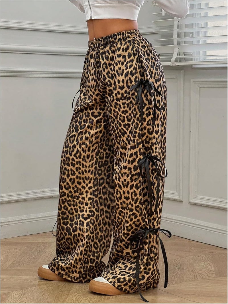 WDIRARA Girl's Leopard Print Bowknot Wide Leg Pants Y2k Elastic Waist Baggy Pants - Image 2